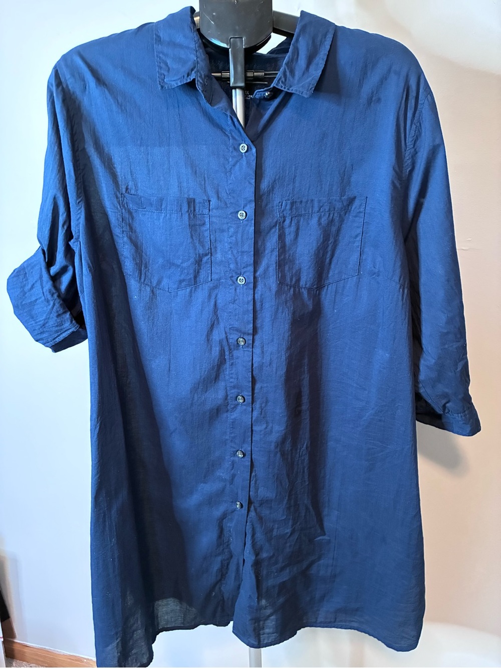 Lands’ End Women’s 1X Navy Blue Cotton Button Front Tunic Shirt Roll Tab